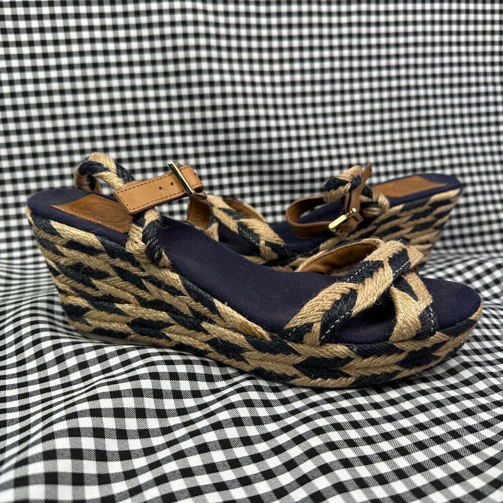 Tory Burch Camelia Navy Tan Mid Wedge Espadrille Summer Sandals Jute Raffia Sz 9